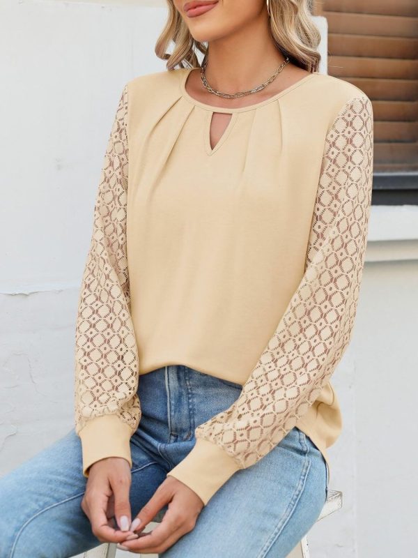 Cutout Round Neck Lace Long Sleeve Blouse For Cheap