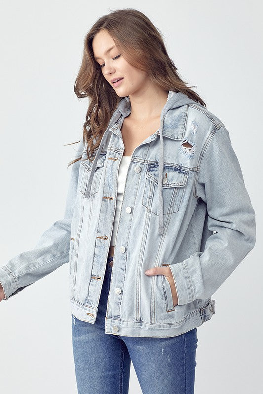 RISEN Full Size Distressed Drawstring Hooded Denim Jacket Hot on Sale