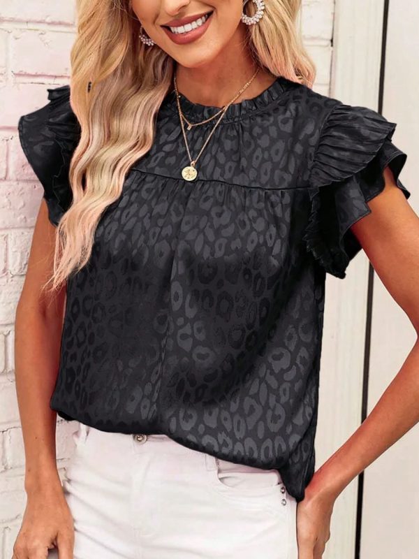 Leopard Frill Mock Neck Ruffled Cap Sleeve Top Hot on Sale