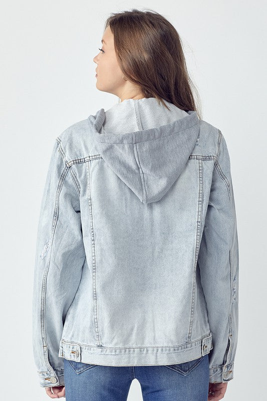 RISEN Full Size Distressed Drawstring Hooded Denim Jacket Hot on Sale