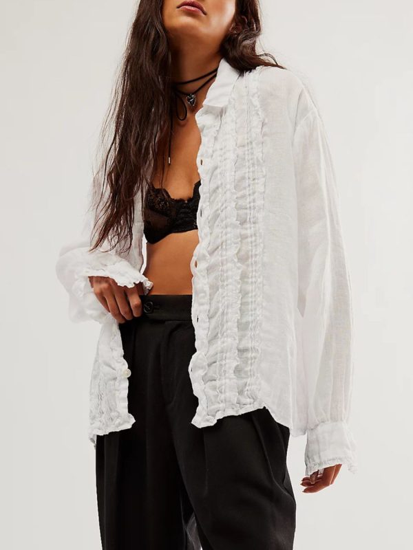 Frill Ruched Collared Neck Long Sleeve Shirt Cheap