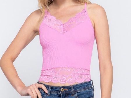 ACTIVE BASIC V-Neck Lace Detail Ribbed Seamless Cami Supply