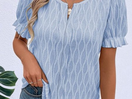 Texture Notched Short Sleeve Blouse on Sale