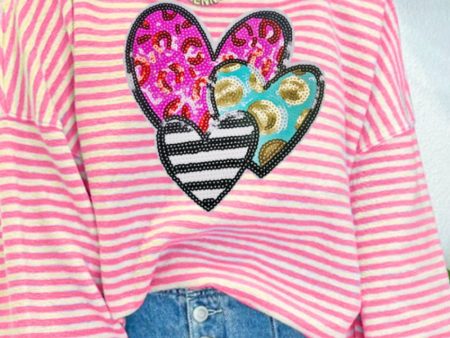 Striped Sequin Heart Round Neck Long Sleeve Sweatshirt Online Sale