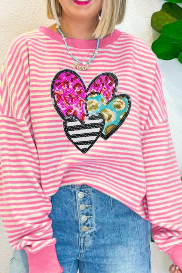 Striped Sequin Heart Round Neck Long Sleeve Sweatshirt Online Sale