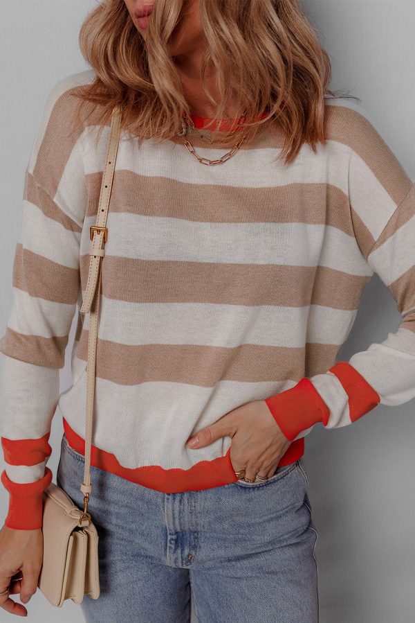 Contrast Striped Round Neck Drop Shoulder Knit Top Supply