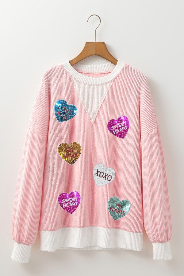 Valentine’s Day Sequin Heart Long Sleeve Sweatshirt on Sale