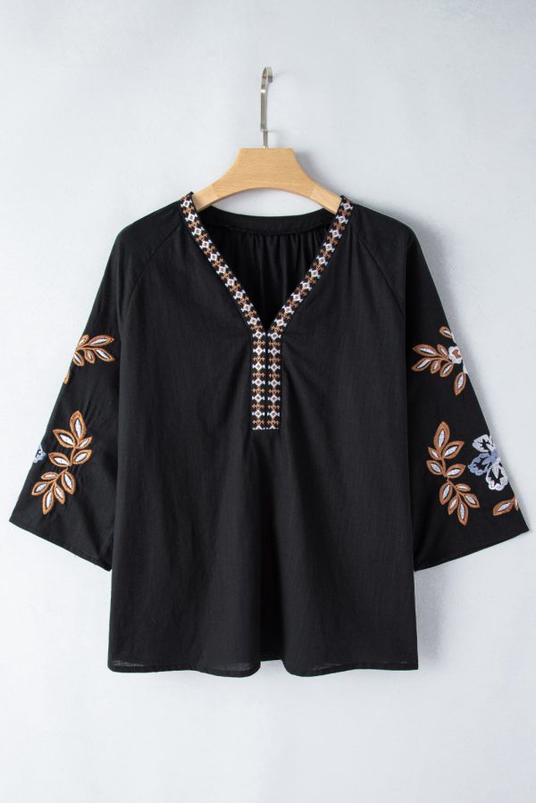 Embroidered V-Neck Three-Quarter Sleeve Blouse Online now