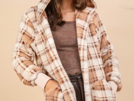 VERY J Fuzzy Plaid Long Sleeve Hooded Jacket Fashion