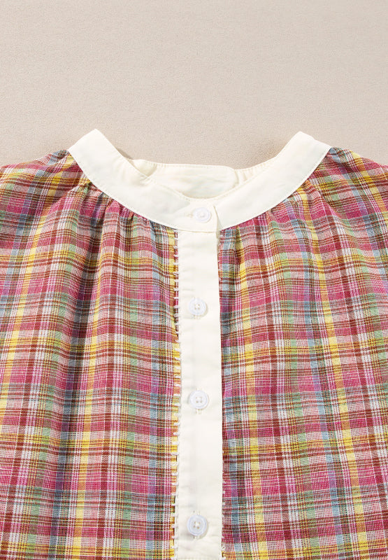 Mulit-Color Plaid Round Neck Long Sleeve Blouse For Cheap