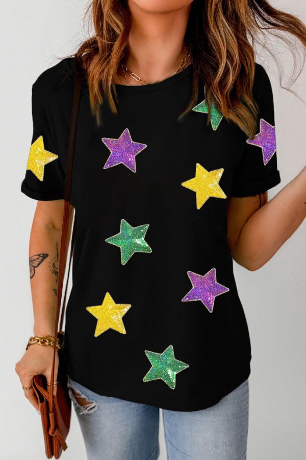 Sequin Stars Patched Round Neck T-Shirt Online