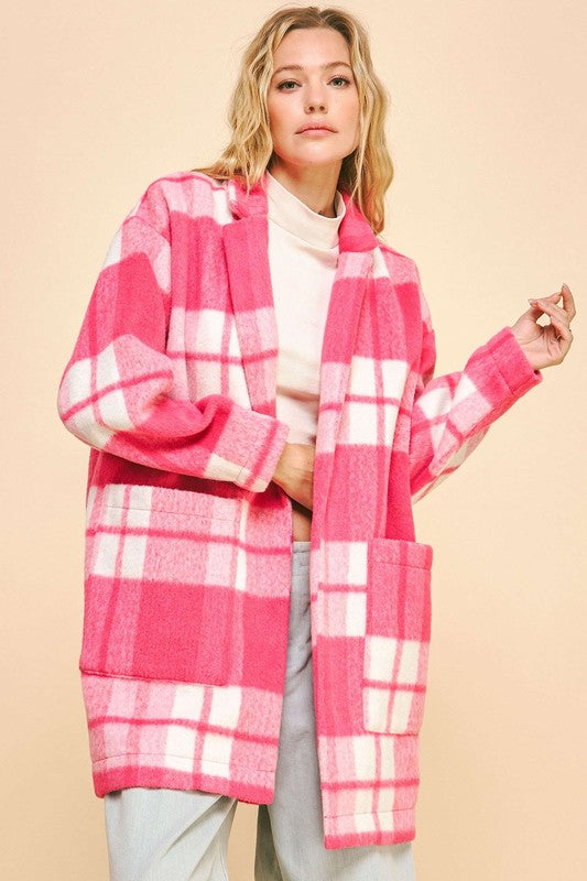 Davi & Dani Plaid Open Front Drop Shoulder Longline Coat For Sale