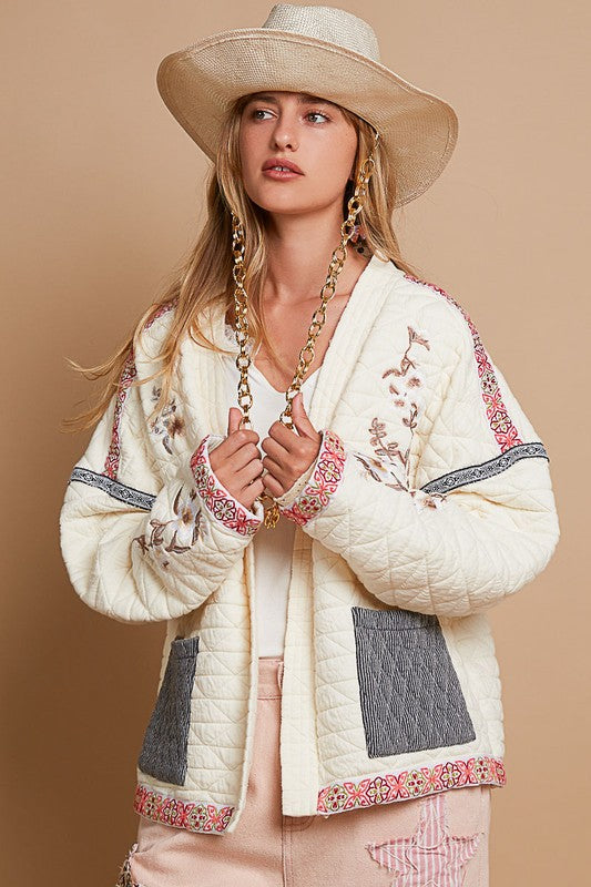 POL Embroidered Open Front Long Sleeve Jacket on Sale