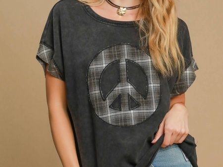 Umgee Peace Applique Round Neck French Terry Top For Cheap