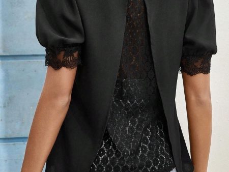 Lace Detail Notched Short Sleeve Top Online Hot Sale