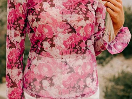 Floral Turtleneck Flounce Sleeve Blouse Fashion