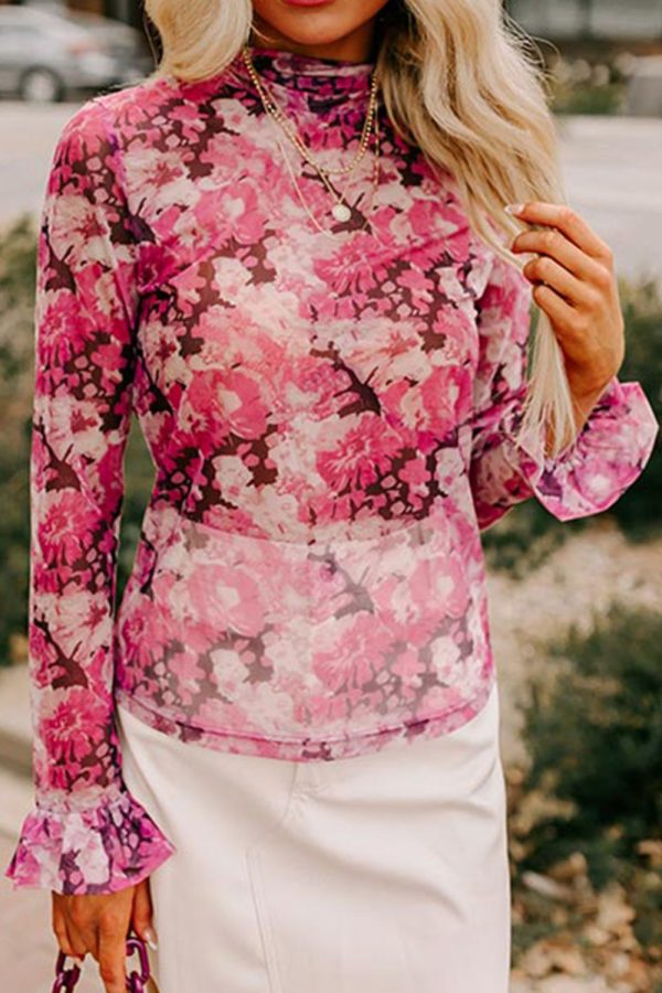 Floral Turtleneck Flounce Sleeve Blouse Fashion