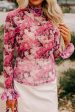 Floral Turtleneck Flounce Sleeve Blouse Fashion