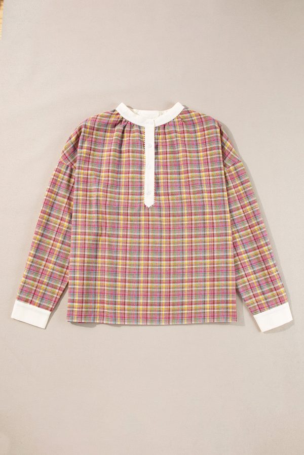 Mulit-Color Plaid Round Neck Long Sleeve Blouse For Cheap