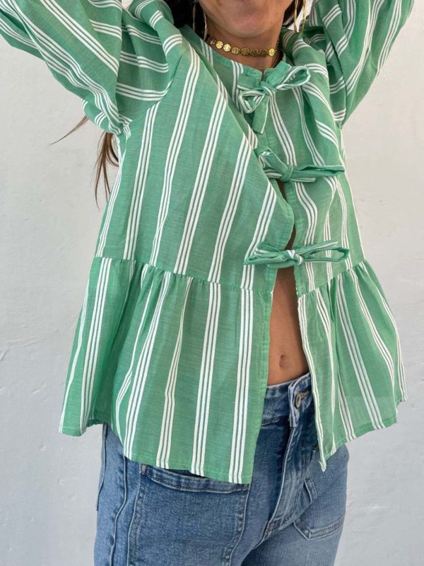 Tied Round Neck Balloon Sleeve Shirt Hot on Sale