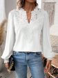 Swiss Dot Lace Detail Notched Long Sleeve Blouse For Discount