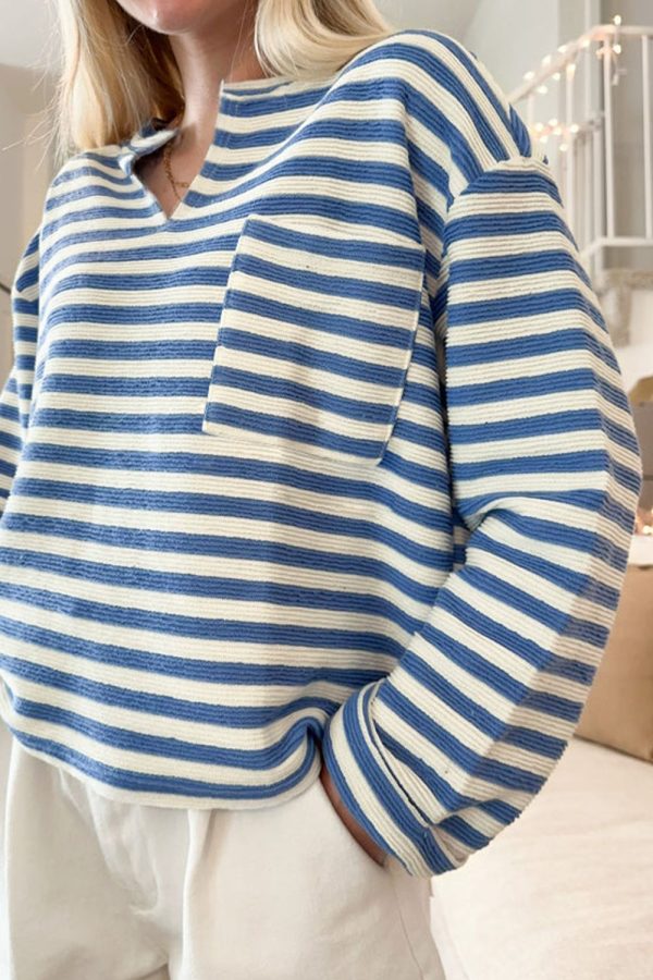 Stripe Chest Pocket Notched Top Sale