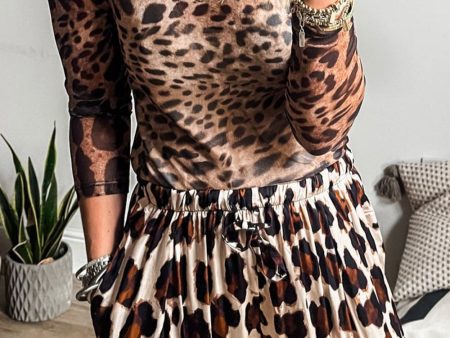 Leopard Round Neck Long Sleeve Blouse Fashion