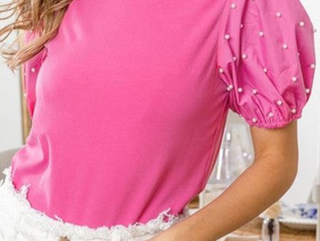 Pearl Detail Round Neck Puff Sleeve Blouse Supply