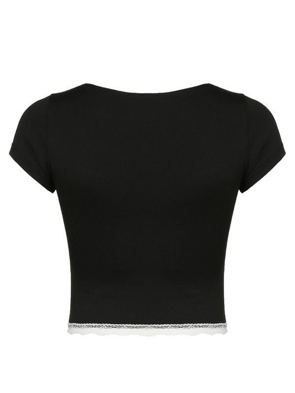 Lace Detail Sweetheart Neck Short Sleeve T-Shirt on Sale