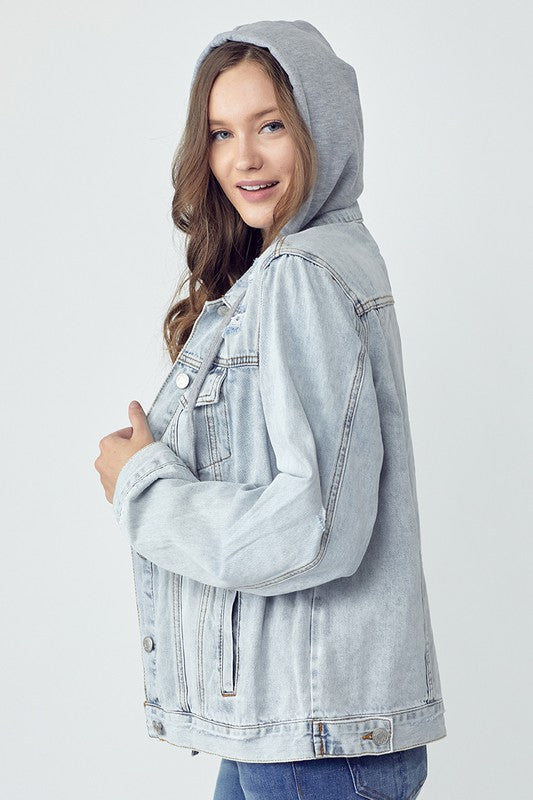 RISEN Full Size Distressed Drawstring Hooded Denim Jacket Hot on Sale