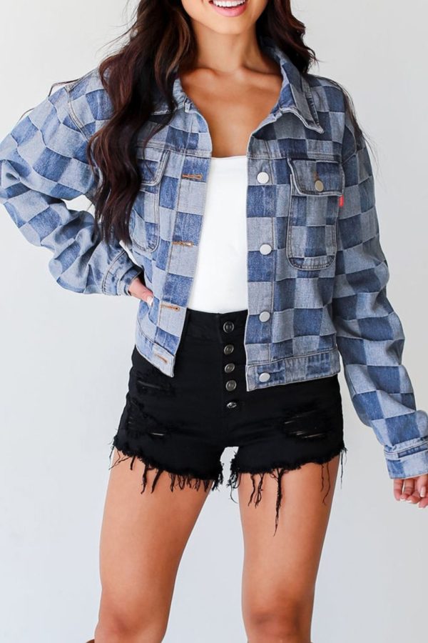 Checkered Button Up Denim Jacket Fashion