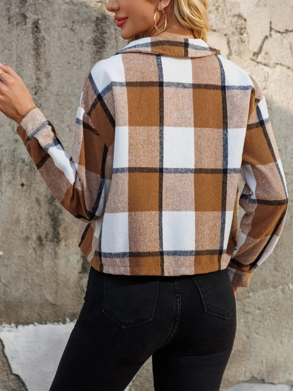 Plaid Collared Neck Cropped Jacket Online Hot Sale