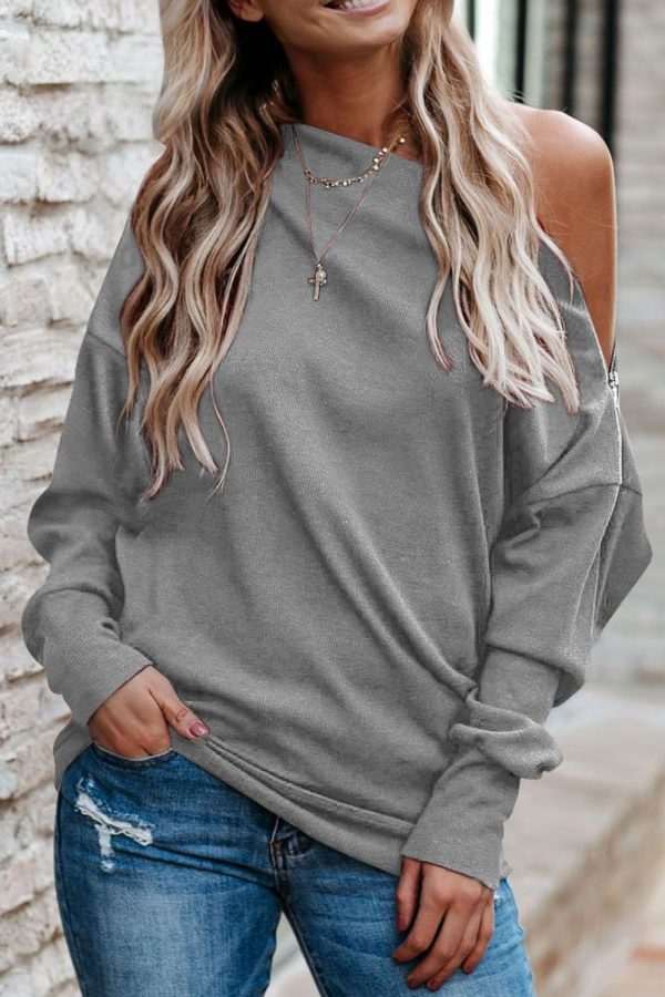 Single Shoulder Long Sleeve Sweatshirt with Zip For Cheap