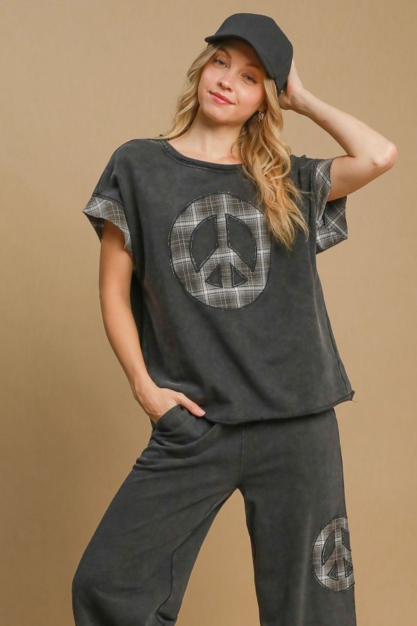 Umgee Peace Applique Round Neck French Terry Top For Cheap