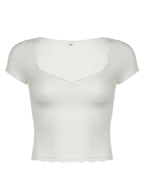 Lace Detail Sweetheart Neck Short Sleeve T-Shirt on Sale