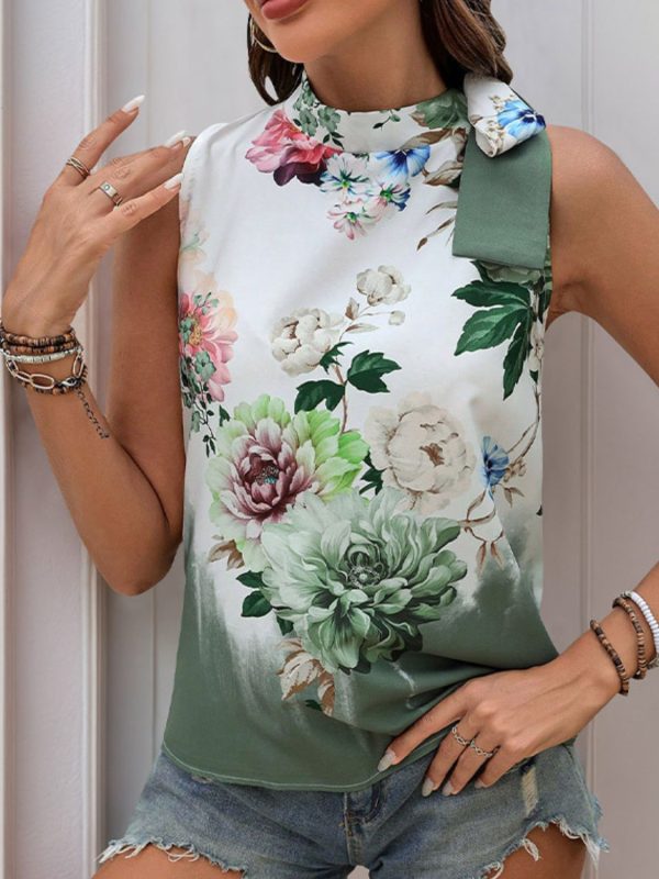 Tied Flower Printed Mock Neck Top Sale