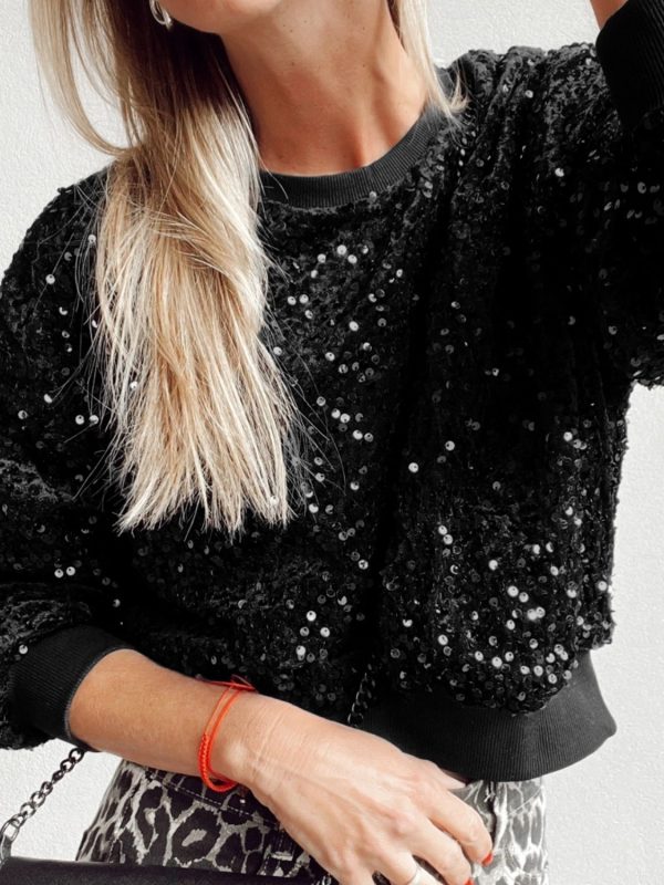 Sequin Round Neck Long Sleeve Blouse Online Hot Sale