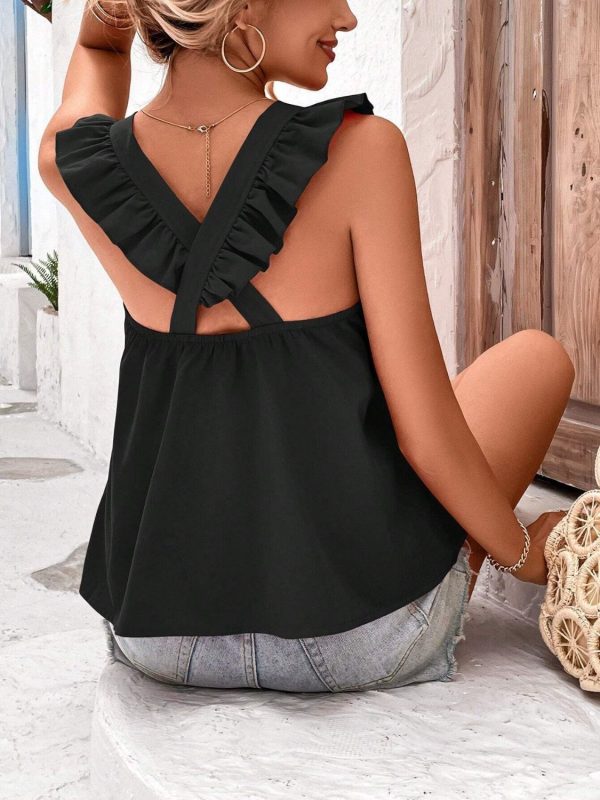 Crisscross Back Ruffled Round Neck Cap Sleeve Blouse Discount