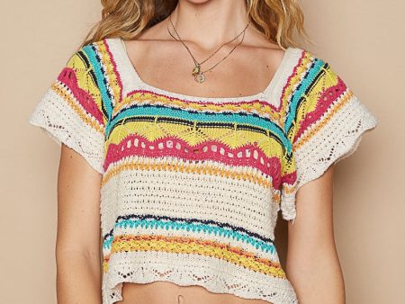 POL Openwork Ethnic Pattern Square Neck Cropped Knit Top Discount