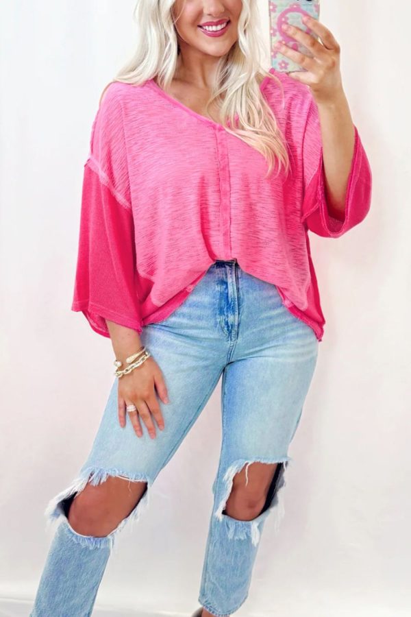 Exposed Seam V-Neck Three-Quarter Sleeve Blouse Hot on Sale