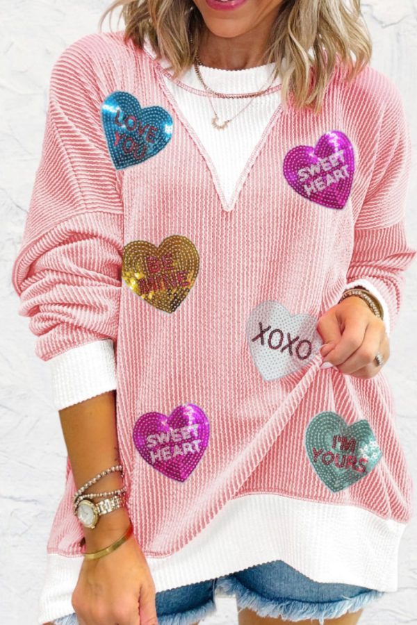 Valentine’s Day Sequin Heart Long Sleeve Sweatshirt on Sale