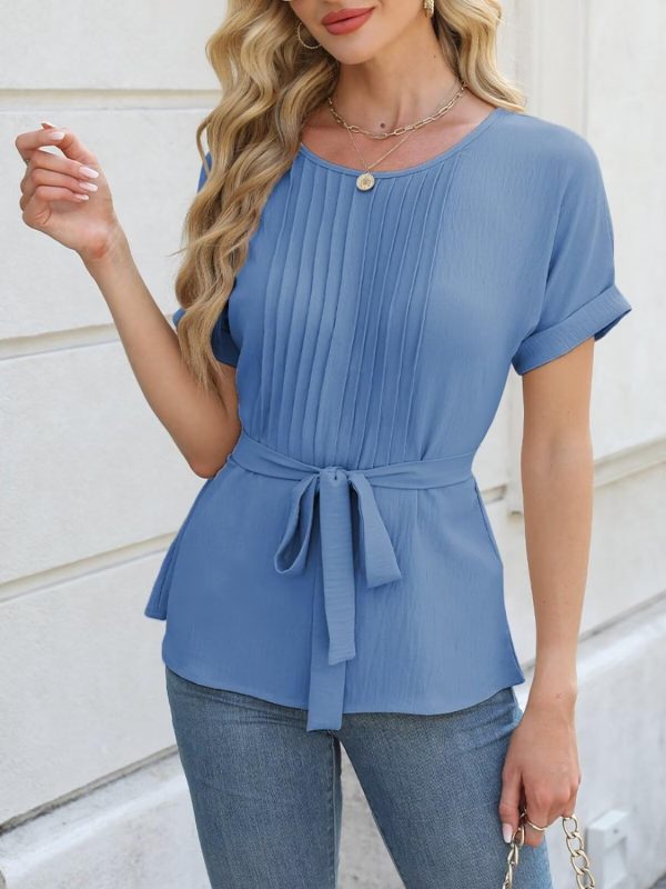 Tie Waist Round Neck Short Sleeve Blouse Online Sale