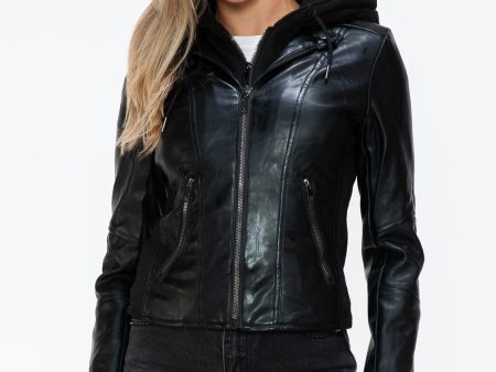 Snobbish Faux Leather Zip Up Drawstring Hooded Jacket Online Hot Sale