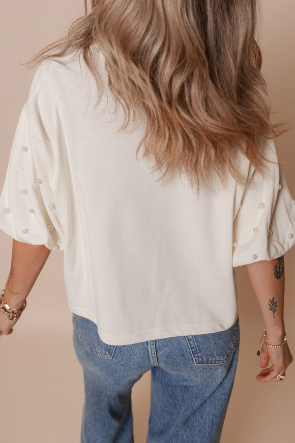 Pearl Detail Round Neck Half Sleeve Blouse For Sale