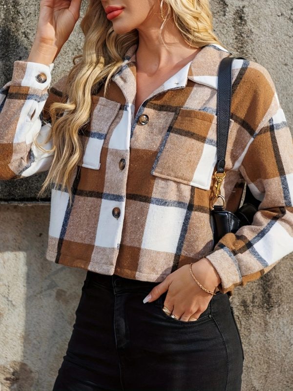 Plaid Collared Neck Cropped Jacket Online Hot Sale