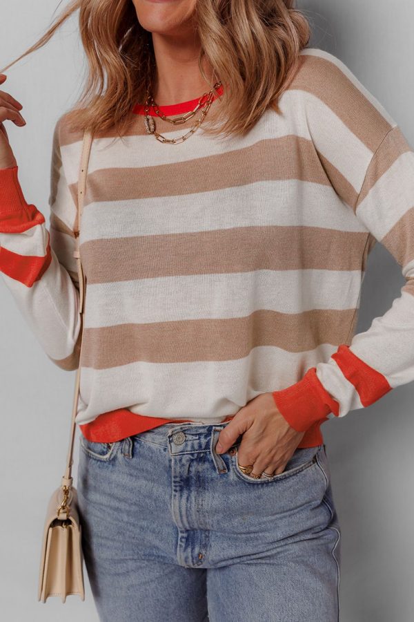 Contrast Striped Round Neck Drop Shoulder Knit Top Supply