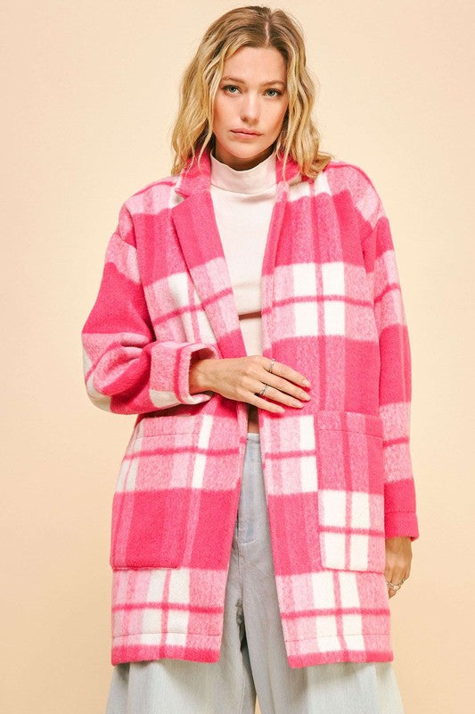 Davi & Dani Plaid Open Front Drop Shoulder Longline Coat For Sale