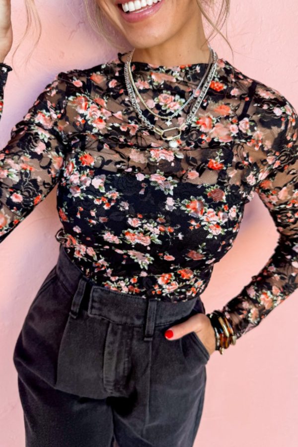 Floral Round Neck Long Sleeve Blouse Cheap