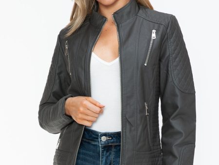 Snobbish Faux Leather Zip Up Mock Neck Jacket For Discount