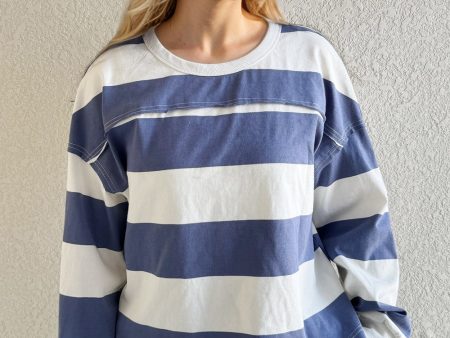 Oh Pima Cotton Wash Exposed Seam Contrast Striped Round Neck Long Sleeve T-Shirt For Cheap